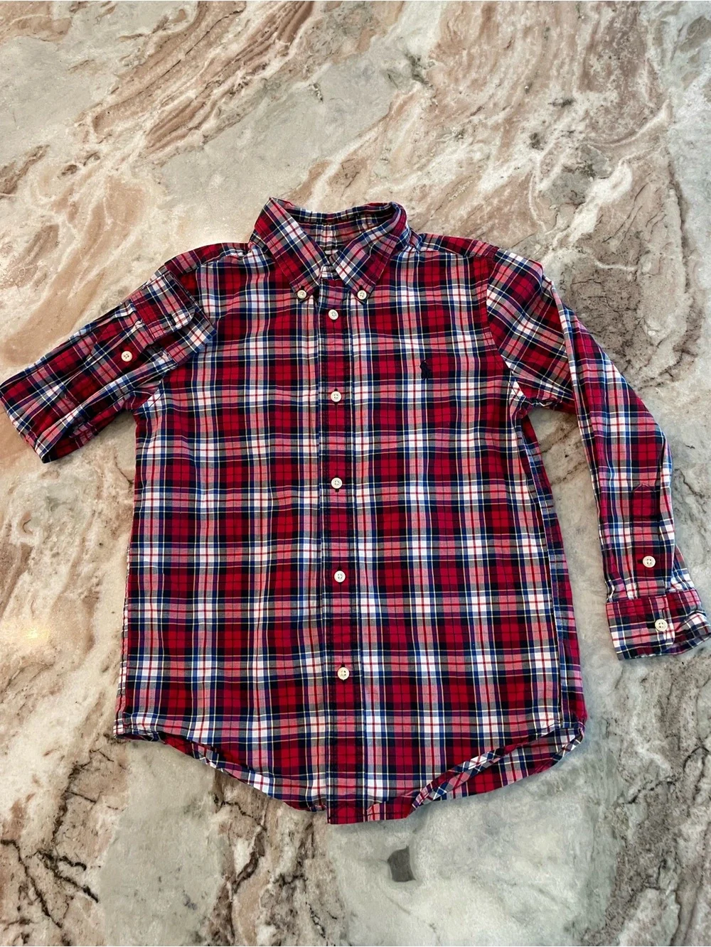 Ralph Lauren Plaid Boys Long Sleeve Button Down Top Size 6 Red and Blue Cotton